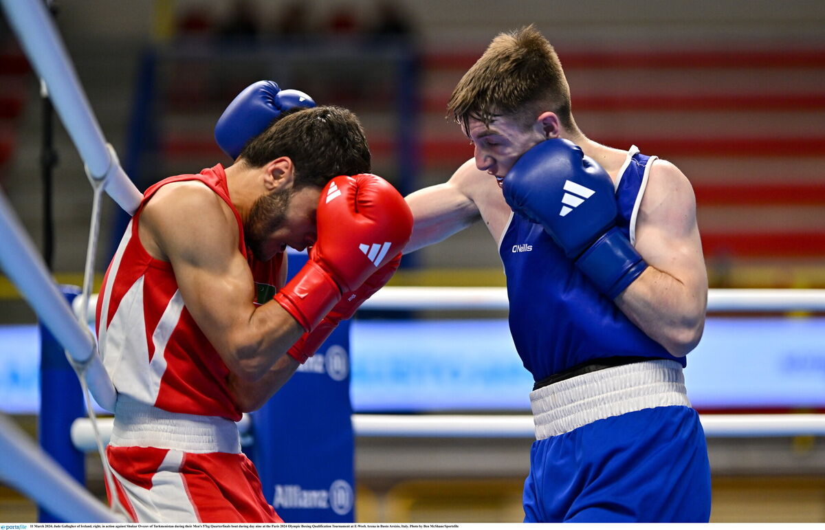 DOMINANT: Jude Gallagher of Ireland, right, in action against Shukur Ovezov of Turkmenistan. Picture: Ben McShane/Sportsfile