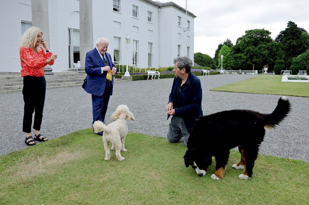 President Michael D Higgins with his dog Bród and Charlie Bird with his wife Claire Mould and their dog Tiger at Áras an Uachtaráin. Picture: Maxwells President Michael D Higgins with his dog Bród and Charlie Bird with his wife Claire Mould and their dog Tiger at Áras an Uachtaráin. Picture: Maxwells