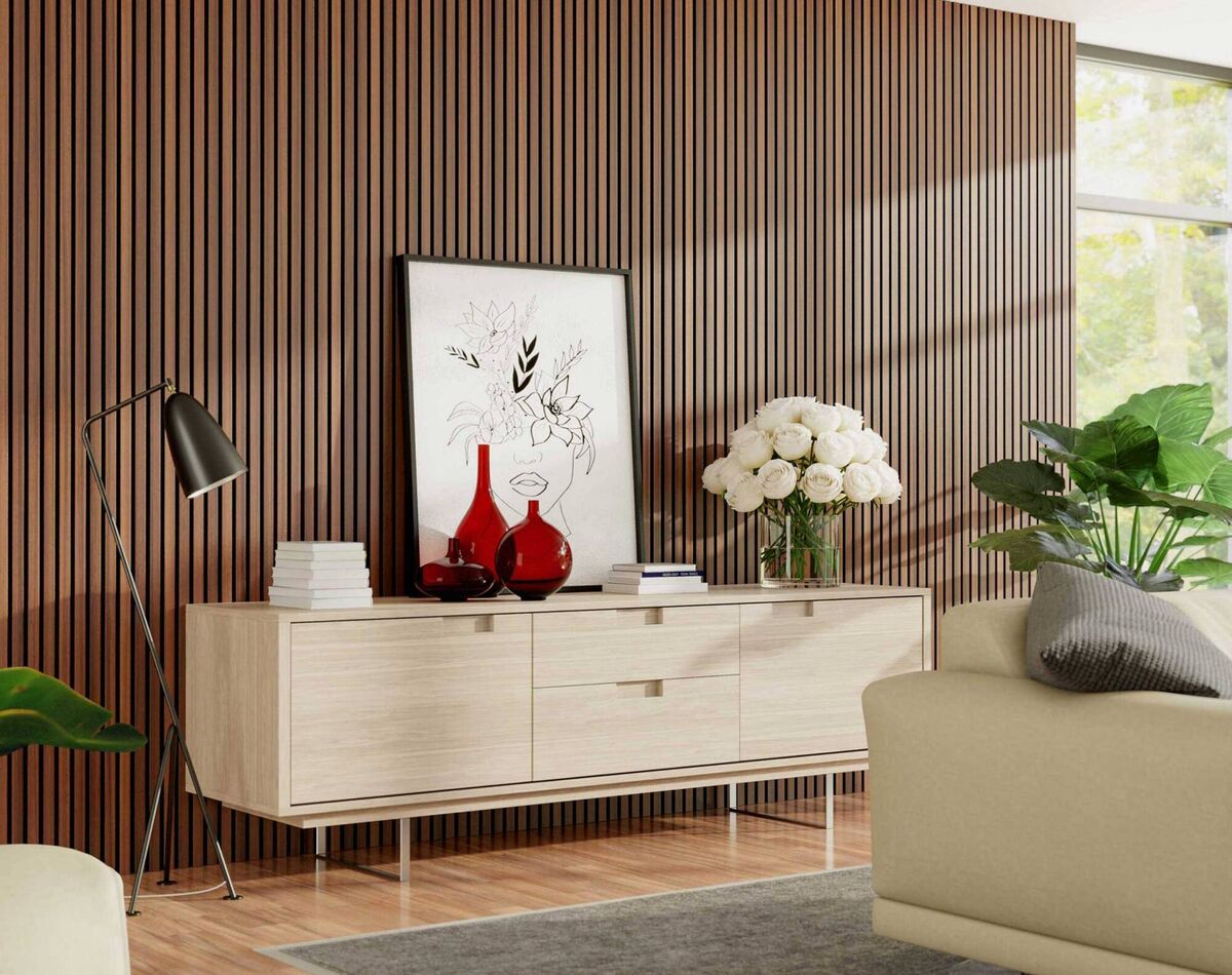 Acoustic timber wall panels include products from Woodies DIY, under the Irish Deanta branding and as Woodlux; fom €90 per sq m. Picture: Deanta Acoustic timber wall panels include products from Woodies DIY, under the Irish Deanta branding and as Woodlux; fom €90 per sq m. Picture: Deanta