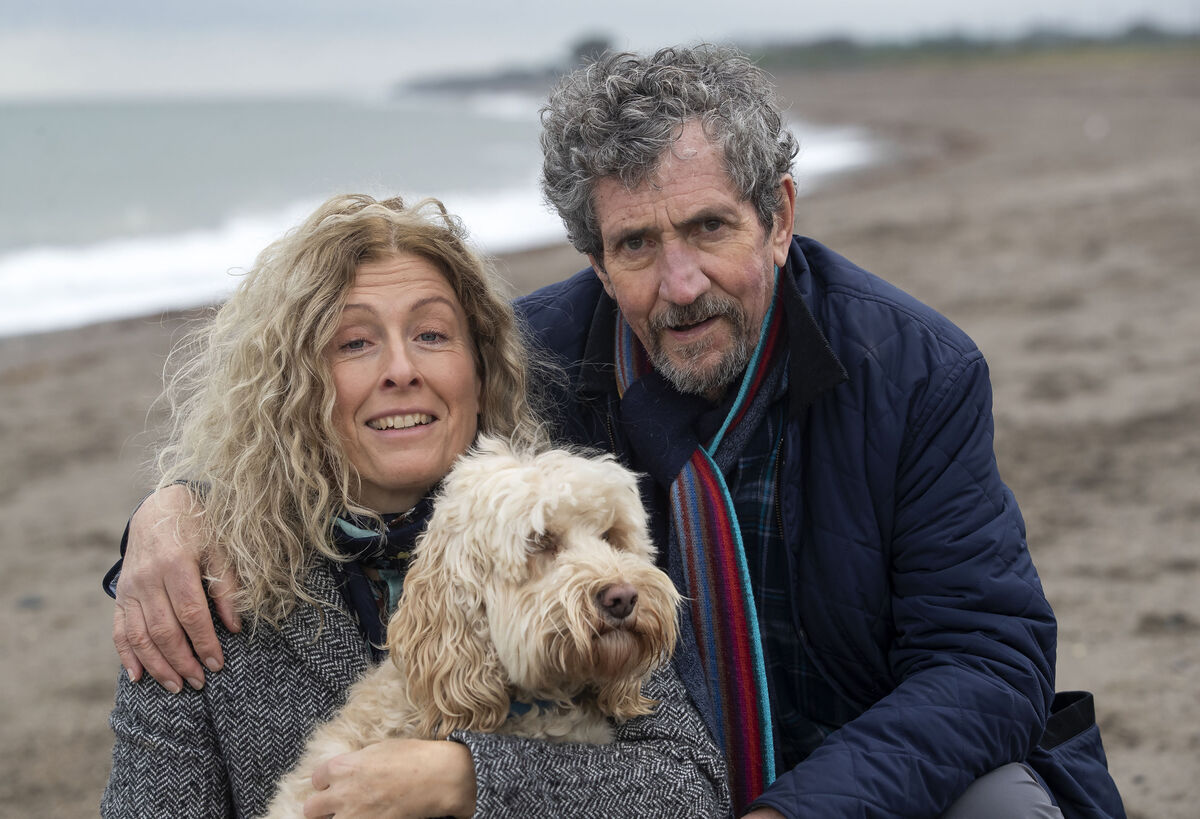 Charlie Bird, his wife Claire Mould and their dog, Tiger pictured in Greystones, Co Wicklow. Picture: Colin Keegan, Collins Dublin