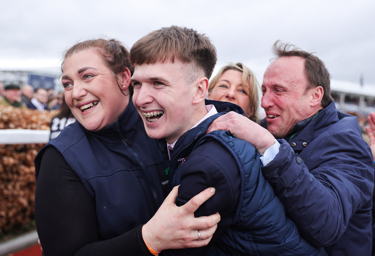 JOY: Travelling head girl for Henry de Bromhead, Zoe Smalley, groom Jack Kelly and Robbie Power celebrate Slade Steel’s victory. Picture: ©INPHO/Tom Maher