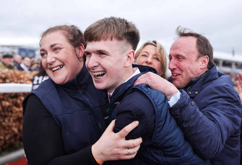JOY: Travelling head girl for Henry de Bromhead, Zoe Smalley, groom Jack Kelly and Robbie Power celebrate Slade Steel’s victory. Picture: ©INPHO/Tom Maher JOY: Travelling head girl for Henry de Bromhead, Zoe Smalley, groom Jack Kelly and Robbie Power celebrate Slade Steel’s victory. Picture: ©INPHO/Tom Maher