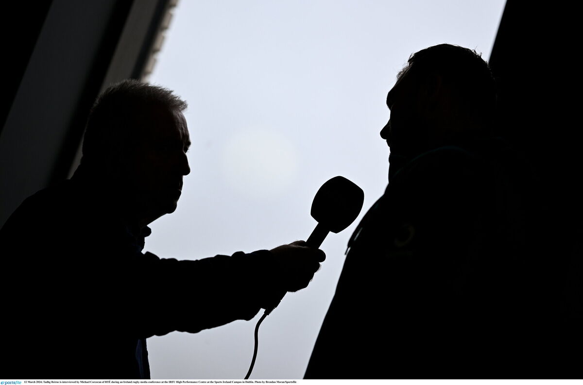 Tadhg Beirne is interviewed by Michael Corcoran of RTÉ during an Ireland rugby media conference at the IRFU High Performance Centre at the Sports Ireland Campus in Dublin. Photo by Brendan Moran/Sportsfile