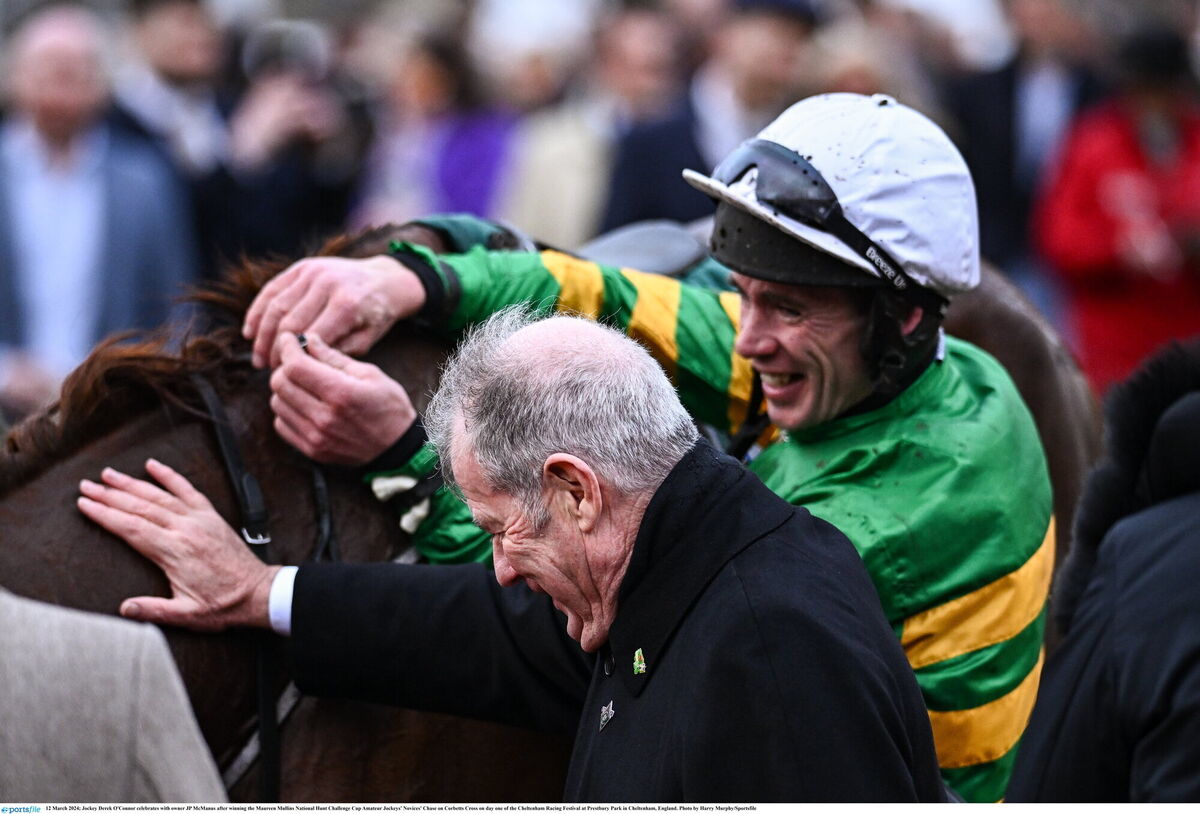 Jockey Derek O'Connor celebrates with owner JP McManus. Picture: Harry Murphy/Sportsfile