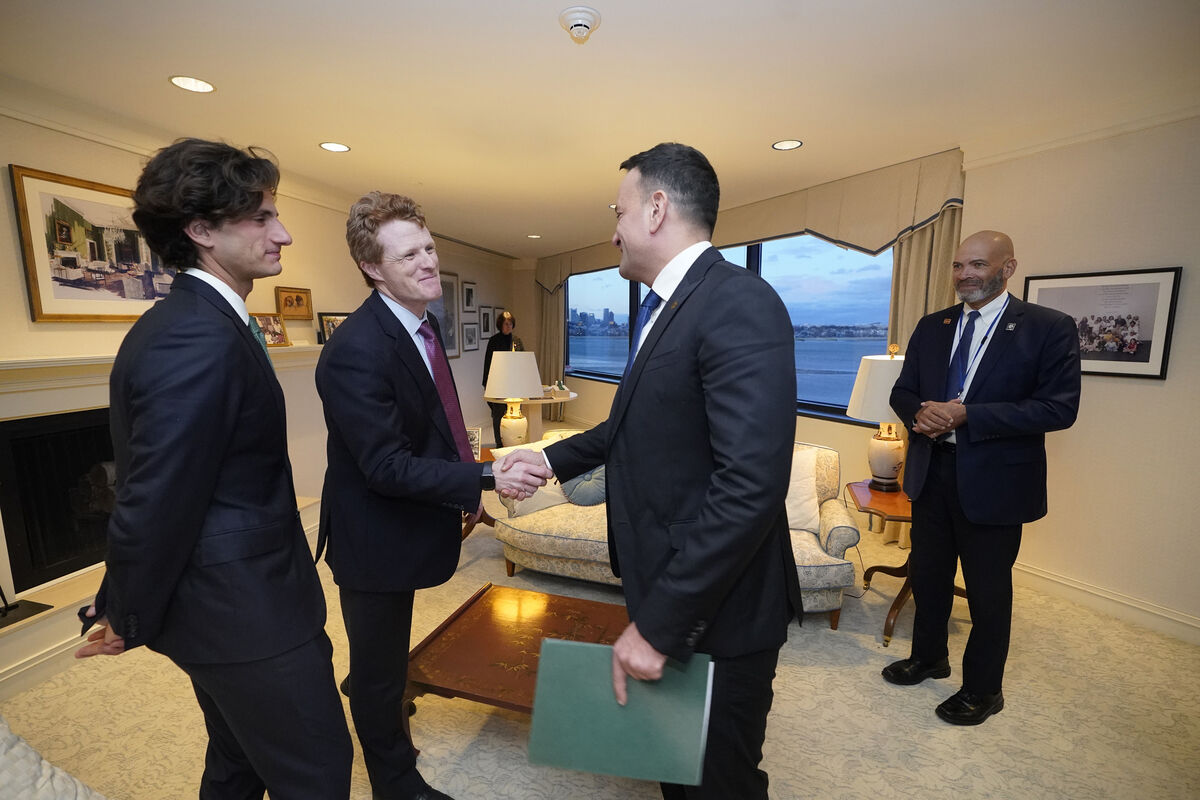 Taoiseach Leo Varadkar (centre) is greeted by Joe Kennedy III (second left) and Jack Schlossberg, the only grandson of John F. Kennedy (left), as he arrives at the President John F. Kennedy library. Taoiseach Leo Varadkar (centre) is greeted by Joe Kennedy III (second left) and Jack Schlossberg, the only grandson of John F. Kennedy (left), as he arrives at the President John F. Kennedy library.