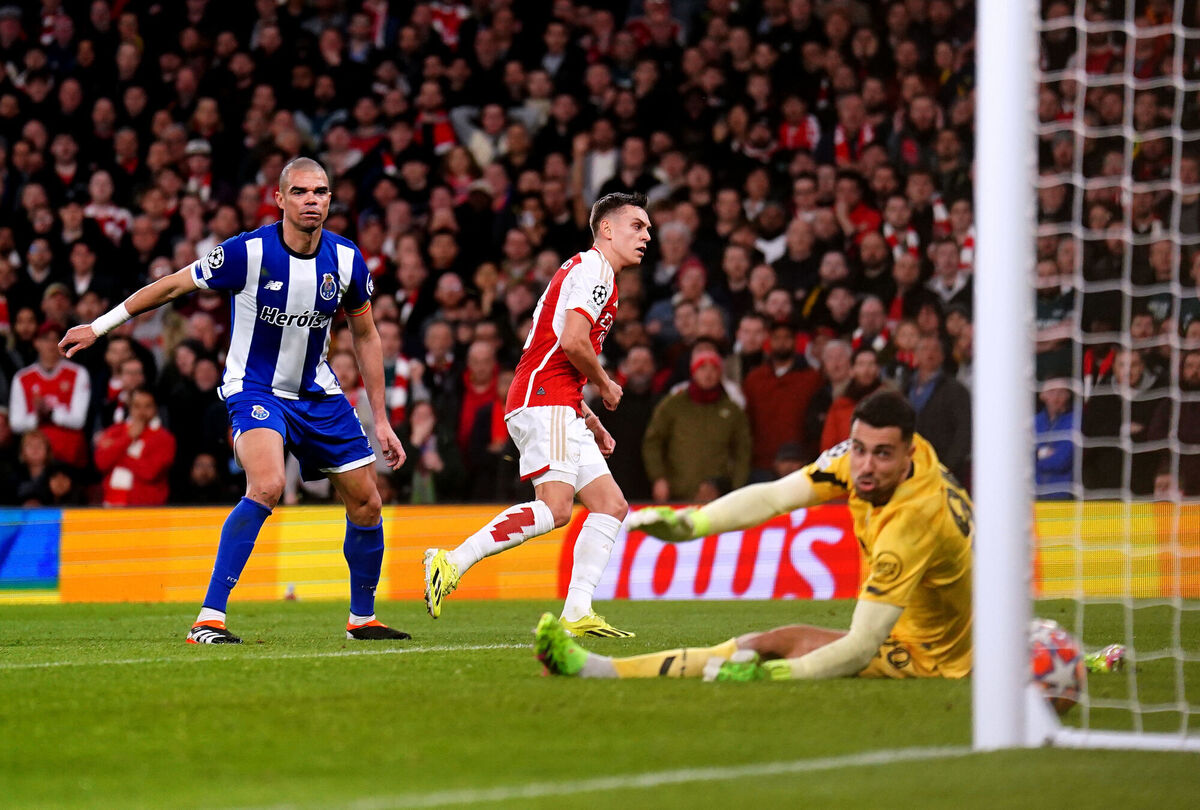Arsenal's Leandro Trossard scores their side's only goal of the game. Photo credit: Zac Goodwin/PA Wire.