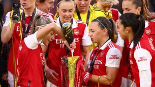<p>Katie McCabe and Leah Williamson of Arsenal celebrate with the FA Women's Continental Tyres League Cup trophy win in 2023. They will captain their countries when Ireland face England. (Photo by Alex Pantling/Getty Images)</p>