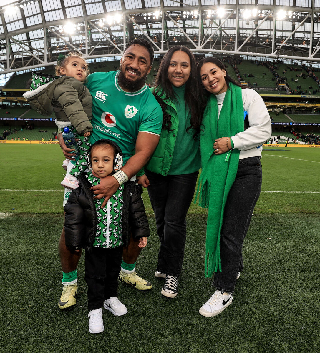 Ireland’s Bundee Aki with his family after a Six Nations fixture in February.