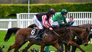 <p>BOWING OUT: El Fabiolo, with Paul Townend up, right, who pulled up, and Funambule Sivola, with Charlie Deutsch up, who finished third, during the Champion Chase. Pic: David Fitzgerald, Sportsfile</p>
