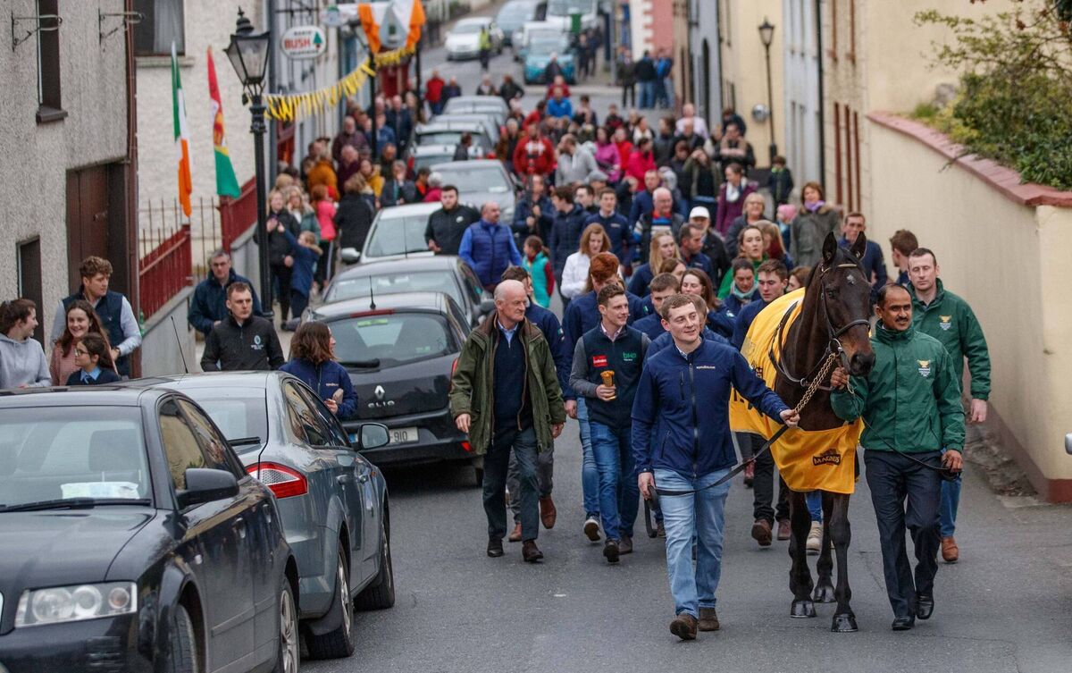 2019 Cheltenham Gold Cup Winner Al Boum Photo  parades through Leighlinbridge with trainer Willie Mullins and jockey Paul Townend. Picture: ©INPHO/James Crombie