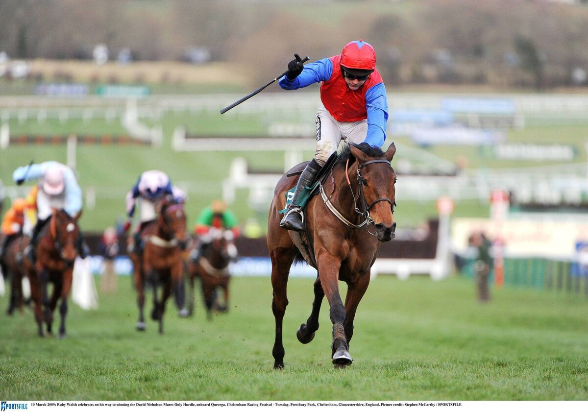 2009 Cheltenham Festival: Ruby Walsh celebrates on his way to winning the Mares' Hurdle onboard Quevega. Picture: Stephen McCarthy / SPORTSFILE