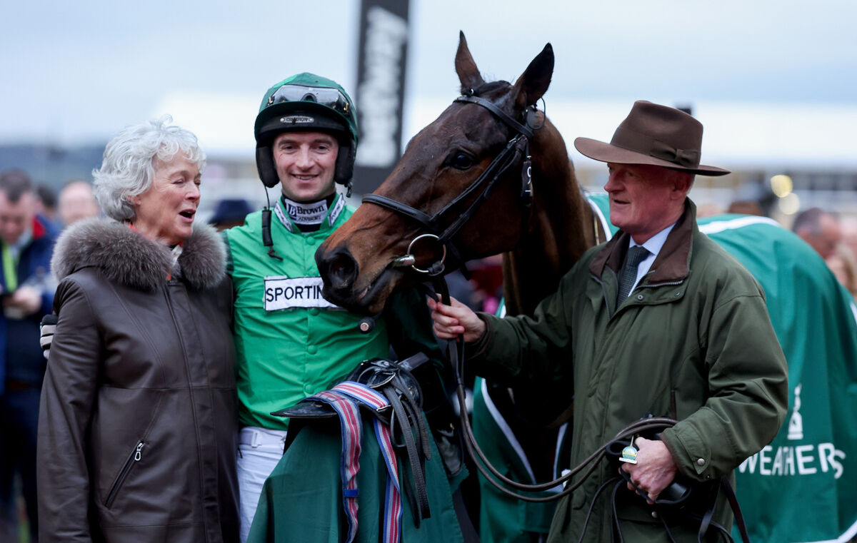 2024 Cheltenham Festival: Winning trainer Willie Mullins celebrates Patrick Mullins's victory on Jasmin De Vaux with his wife Jackie. Picture: ©INPHO/Tom Maher