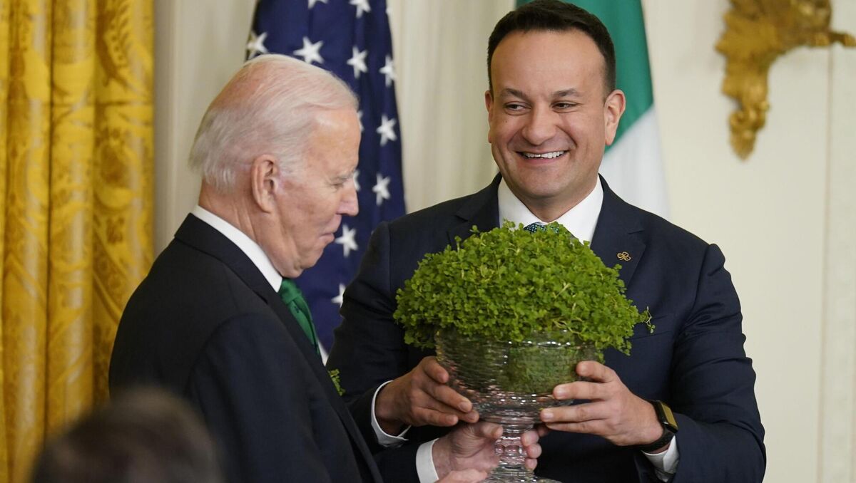 Taoiseach Leo Varadkar presents US President Joe Biden with a bowl of Shamrock in 2023. Picture: Niall Carson/PA Wire