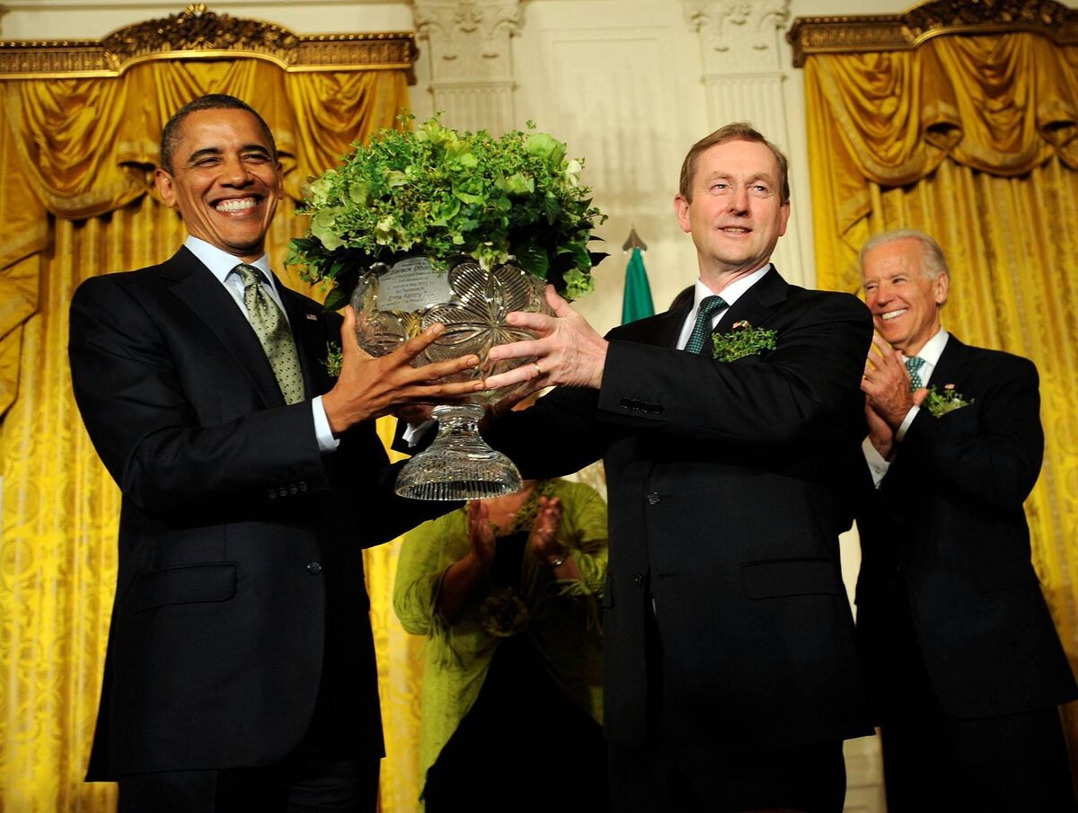 Then taoiseach Enda Kenny and former US President Barack Obama participate in the Shamrock Ceremony, with Joe Biden in the background. Picture:  Leslie E. Kossoff/LK Photos