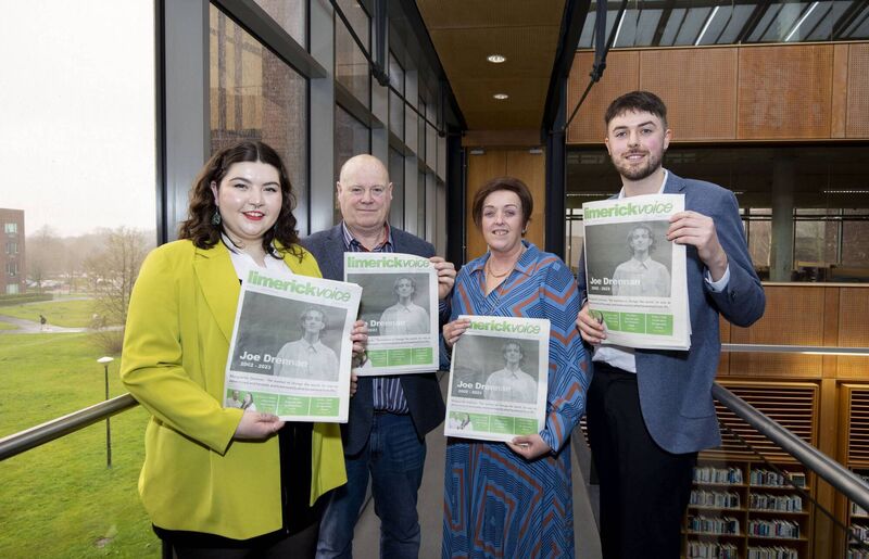 The late Joe Drennan's parents, Tim and Marguerite Drennan (centre), with 'Limerick Voice' managing editor Molly Cantwell and digital editor Joe Costigan, at the launch of the new award. Picture: Alan Place The late Joe Drennan's parents, Tim and Marguerite Drennan (centre), with 'Limerick Voice' managing editor Molly Cantwell and digital editor Joe Costigan, at the launch of the new award. Picture: Alan Place