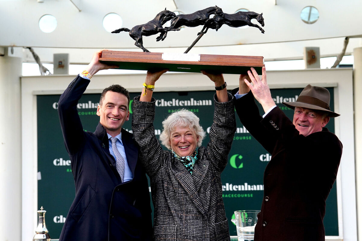 Willie Mullins with his wife Jackie Mullins and son Patrick Mullins after being presented with the leading trainer trophy on day four of the 2024 Cheltenham Festival. David Davies/The Jockey Club/PA Willie Mullins with his wife Jackie Mullins and son Patrick Mullins after being presented with the leading trainer trophy on day four of the 2024 Cheltenham Festival. David Davies/The Jockey Club/PA