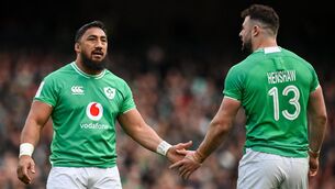 <p>DYNAMIC DUO: Bundee Aki and Robbie Henshaw's partnership at midfield started at Connacht and has continued at International level. Pic: Seb Daly/Sportsfile</p>