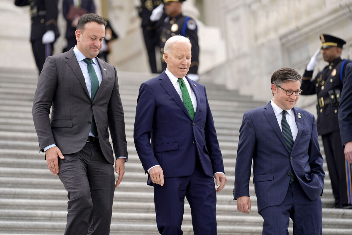 Careful steps: Taoiseach Leo Varadkar, US president Joe Biden and House Speaker Mike Johnson, leaving the Friends of Ireland luncheon on Capitol Hill on Friday. Picture: Andrew Harnik/AP