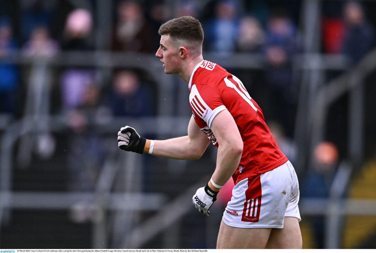 Conor Corbett of Cork celebrates after scoring his side's first goal  Photo by Ben McShane/Sportsfile
