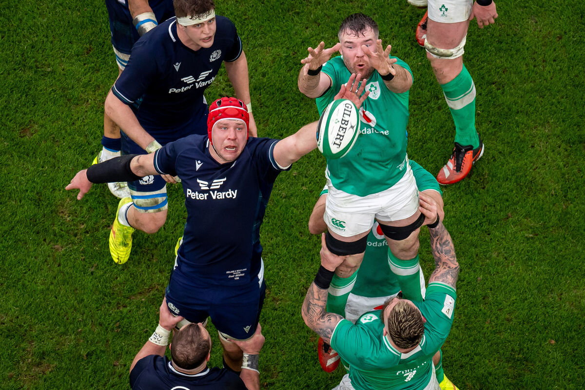 Ireland’s Peter O’Mahony with Grant Gilchrist of Scotland. Pic Credit ©INPHO/Morgan Treacy