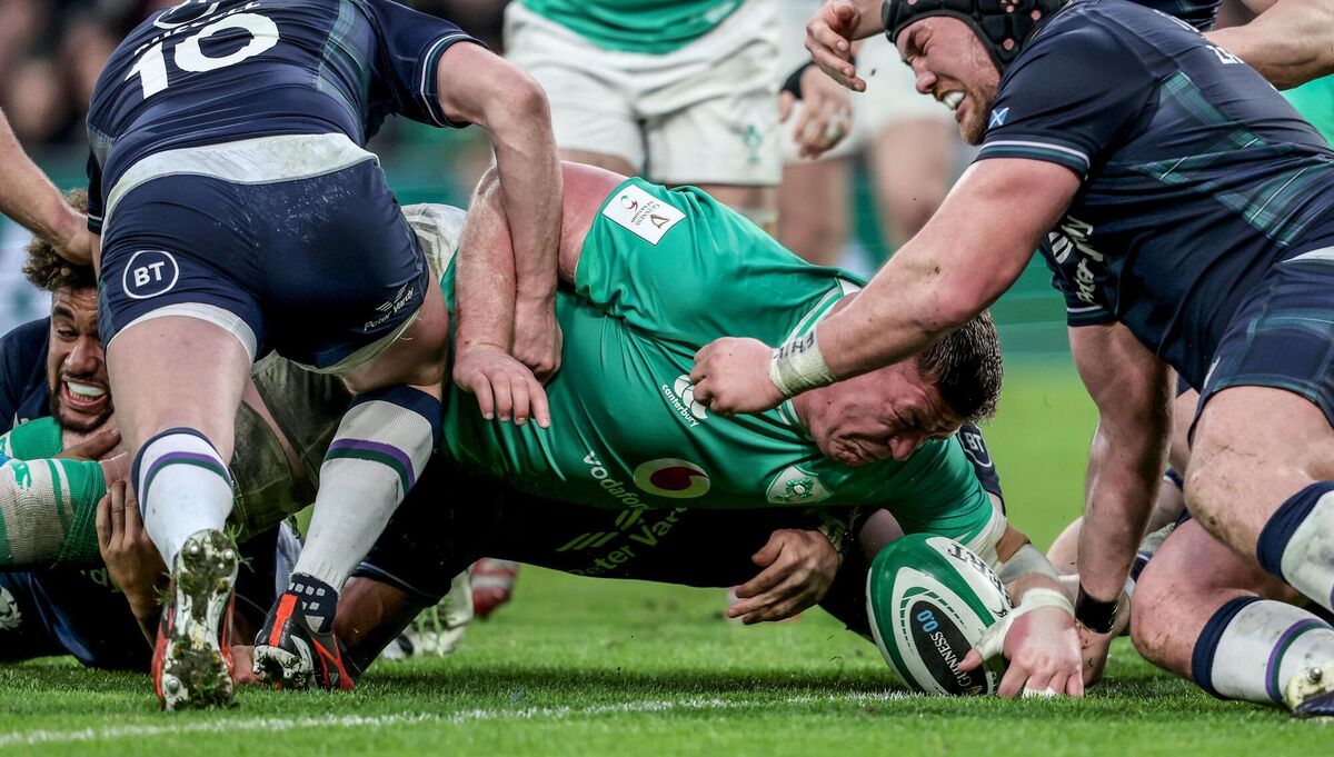 NO TRY: Ireland’s Tadhg Furlong scores a try that was later disallowed. Pic Credit ©INPHO/Dan Sheridan