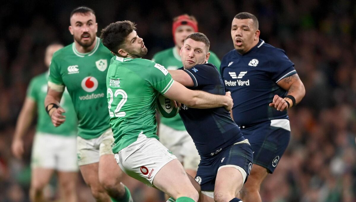 16 March 2024; Finn Russell of Scotland in action against Harry Byrne of Ireland during the Guinness Six Nations Rugby Championship match between Ireland and Scotland at the Aviva Stadium in Dublin. Photo by Sam Barnes/Sportsfile
