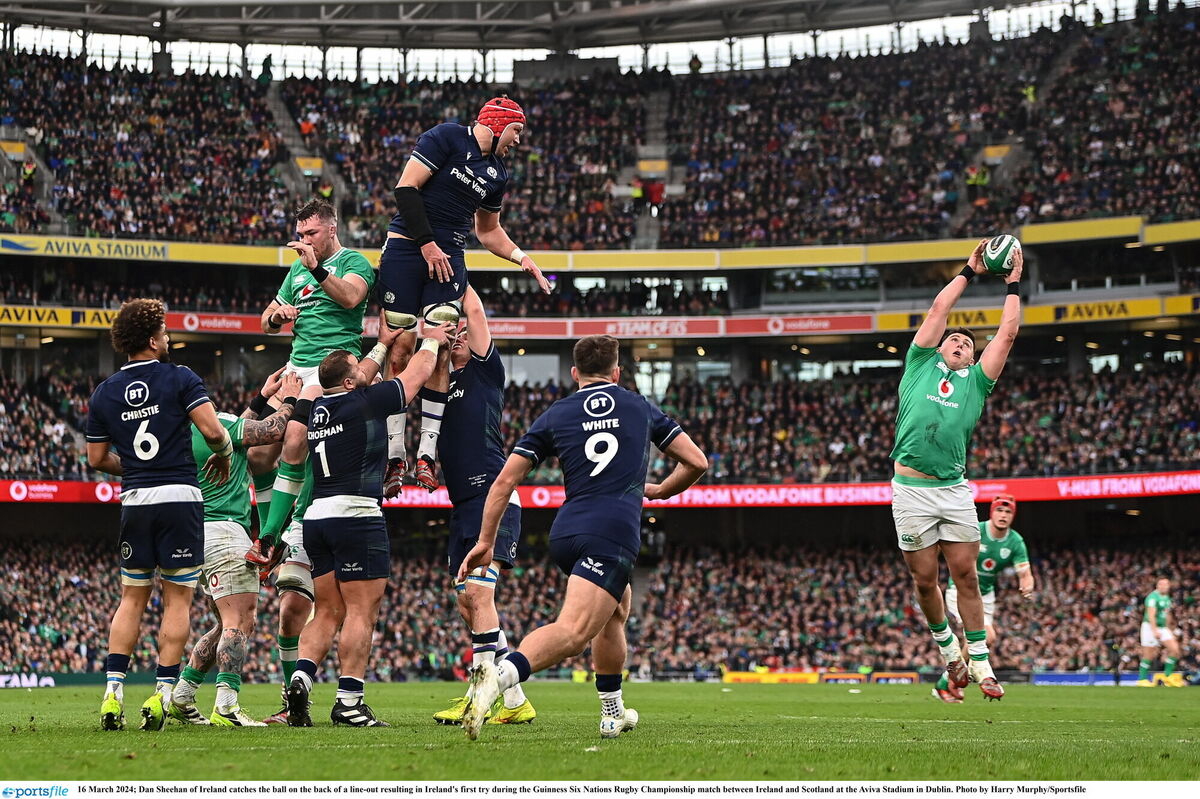 Dan Sheehan of Ireland catches the ball on the back of a line-out resulting in Ireland's first try during the Guinness Six Nations Rugby Championship match between Ireland and Scotland at the Aviva Stadium in Dublin. Photo by Harry Murphy/Sportsfile Dan Sheehan of Ireland catches the ball on the back of a line-out resulting in Ireland's first try during the Guinness Six Nations Rugby Championship match between Ireland and Scotland at the Aviva Stadium in Dublin. Photo by Harry Murphy/Sportsfile