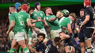 <p>16 March 2024; Andrew Porter of Ireland, right, celebrates after scoring his side's second try during the Guinness Six Nations Rugby Championship match between Ireland and Scotland at the Aviva Stadium in Dublin. Photo by Sam Barnes/Sportsfile</p>