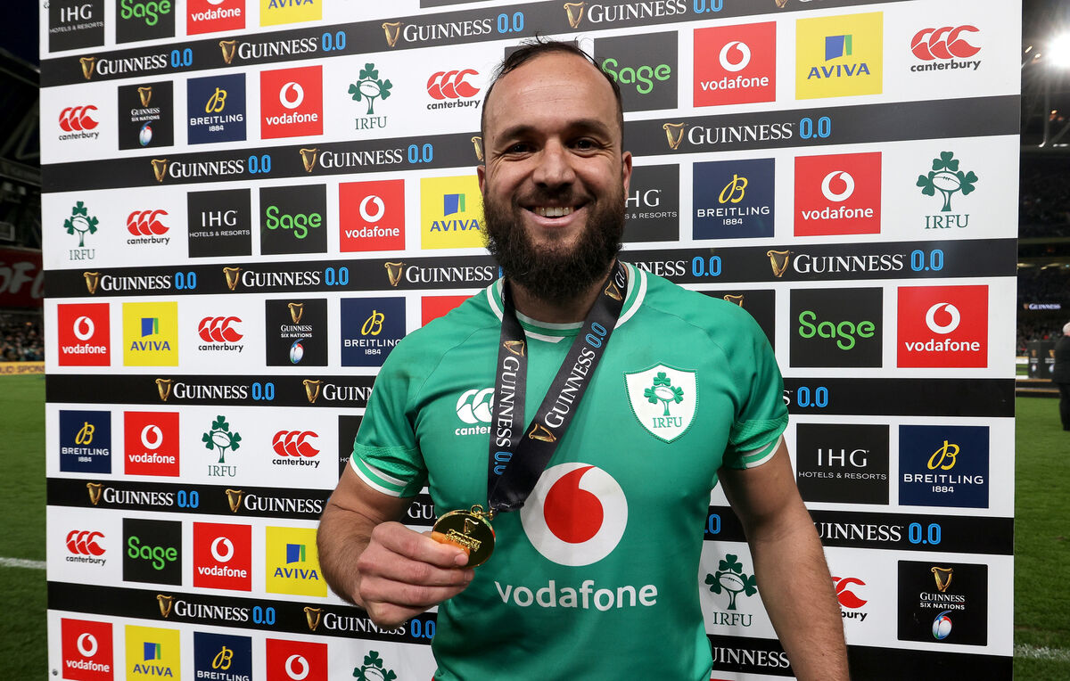 Ireland’s Jamison Gibson-Park is presented with the Guinness Player of the Match award