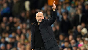 <p>Manchester City manager Pep Guardiola gestures on the touchline.</p>