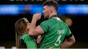 <p>Ireland captain Peter O'Mahony with his wife Jessica Moloney. Pic: Brendan Moran/Sportsfile</p>