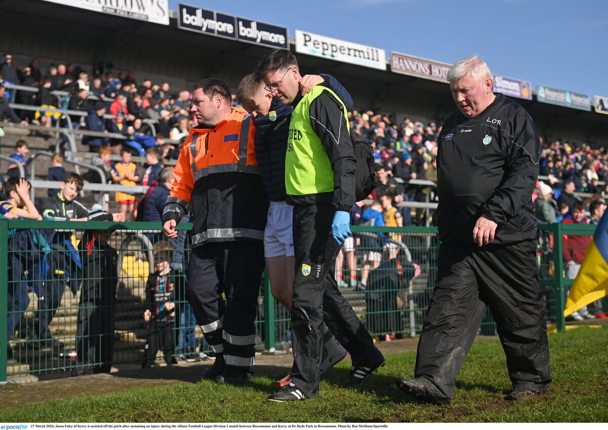 Jason Foley of Kerry is assisted off the pitch after sustaining an injury against Roscommon. Picture: Ben McShane/Sportsfile