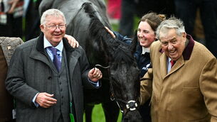 <p>Joint owners Alex Ferguson, left, and John Hales celebrate with Monmiral. Photo by David Fitzgerald/Sportsfile</p>