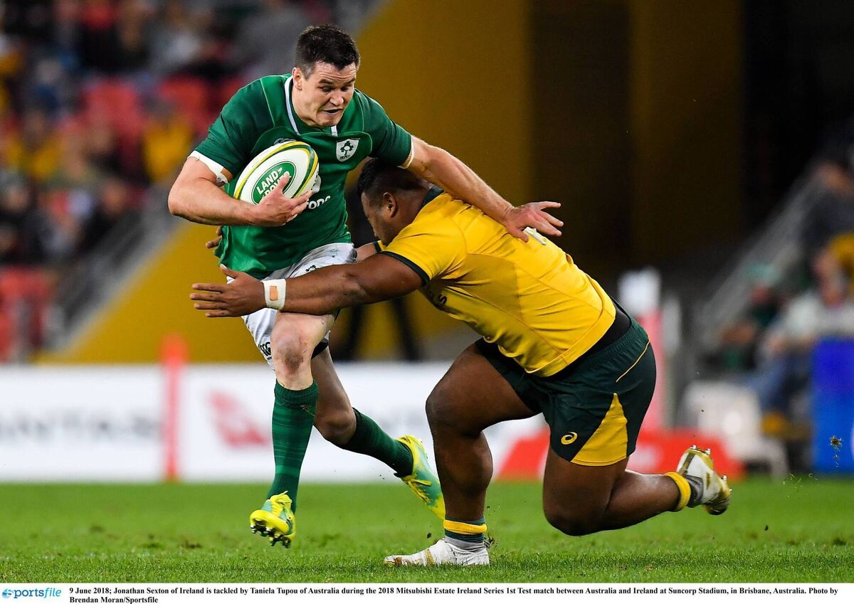 Johnny Sexton of Ireland is tackled by Taniela Tupou of Australia during a 2018 Test match in Brisbane, Australia. Picture: Moran/Sportsfile Johnny Sexton of Ireland is tackled by Taniela Tupou of Australia during a 2018 Test match in Brisbane, Australia. Picture: Moran/Sportsfile