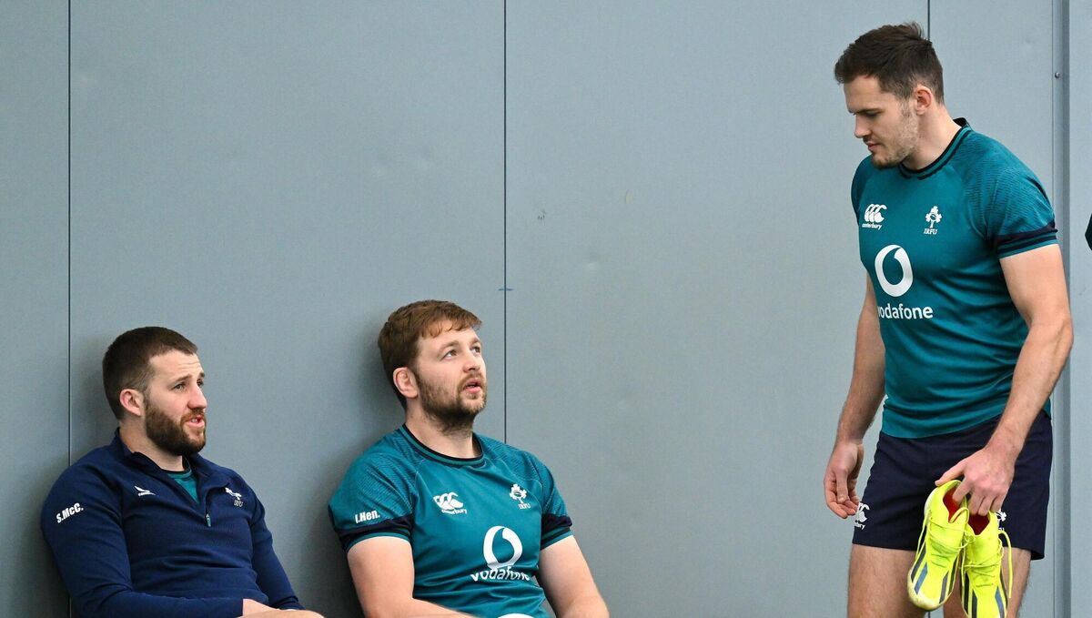 HEART AND SOUL: Stuart McCloskey, left, Iain Henderson and Jacob Stockdale during an Ireland rugby squad training session. Picture: Brendan Moran/Sportsfile