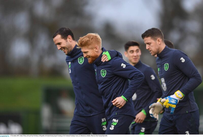 John O'Shea, left and Paul McShane during a 2017 Ireland squad training session. Picture: Eóin Noonan/Sportsfile