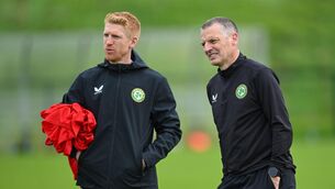 <p>Ireland U21 head coach Jim Crawford, right, with assistant coach Paul McShane. Picture: Piaras Ó Mídheach/Sportsfile </p>