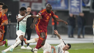 <p>RULED OUT: Roma's Romelu Lukaku, center, is challenged by Brighton's Simon Adingra, left. Pic: Alessandra Tarantino, AP</p>