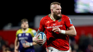 <p>RED TO BLUE: Munster's RG Snyman makes a break. Pic: Ben Brady, Inpho</p>