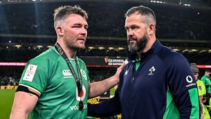 <p>Ireland captain Peter O'Mahony and Ireland head coach Andy Farrell after the Guinness Six Nations Rugby Championship match between Ireland and Scotland at the Aviva Stadium in Dublin. Photo by Harry Murphy/Sportsfile</p>