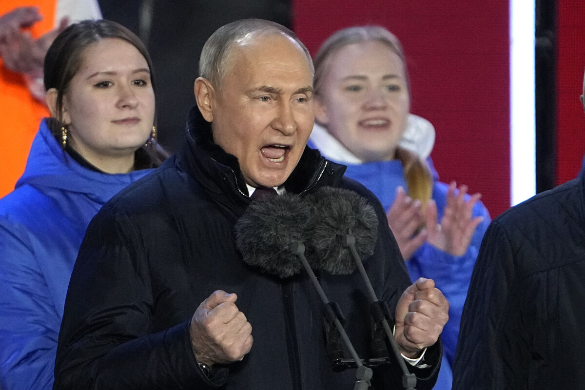 Russian President Vladimir Putin speaks at a concert marking his victory in the presidential election on Monday. Picture: AP/Alexander Zemlianichenko Russian President Vladimir Putin speaks at a concert marking his victory in the presidential election on Monday. Picture: AP/Alexander Zemlianichenko