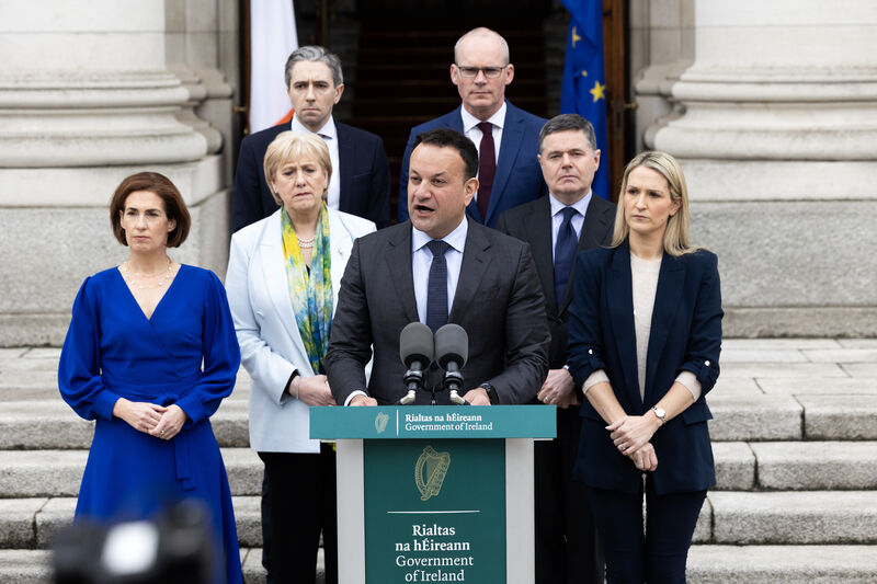 Leo Varadkar flanked by Fine Gael colleagues Simon Harris, Simon Coveney (back row), Helen McEntee, Paschal Donohoe, Heather Humphries and Hildegarde Naughton. Picture: Collins Leo Varadkar flanked by Fine Gael colleagues Simon Harris, Simon Coveney (back row), Helen McEntee, Paschal Donohoe, Heather Humphries and Hildegarde Naughton. Picture: Collins