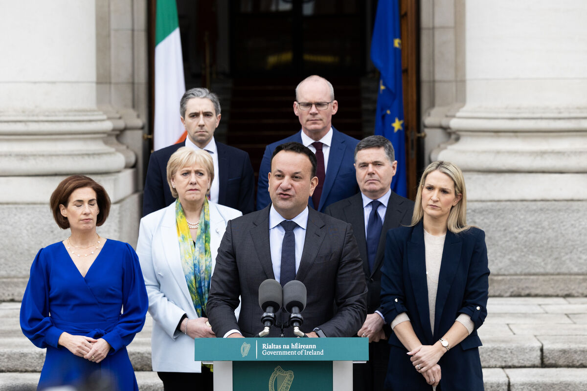 Leo Varadkar, centre, announces his resignation. Simon Harris and Simon Coveney are in the back row. In the front row with Mr Varadkar is, from left, Hildegarde Naughton, Heather Humphreys, Paschal Donohoe and Helen McEntee. Picture: Collins 