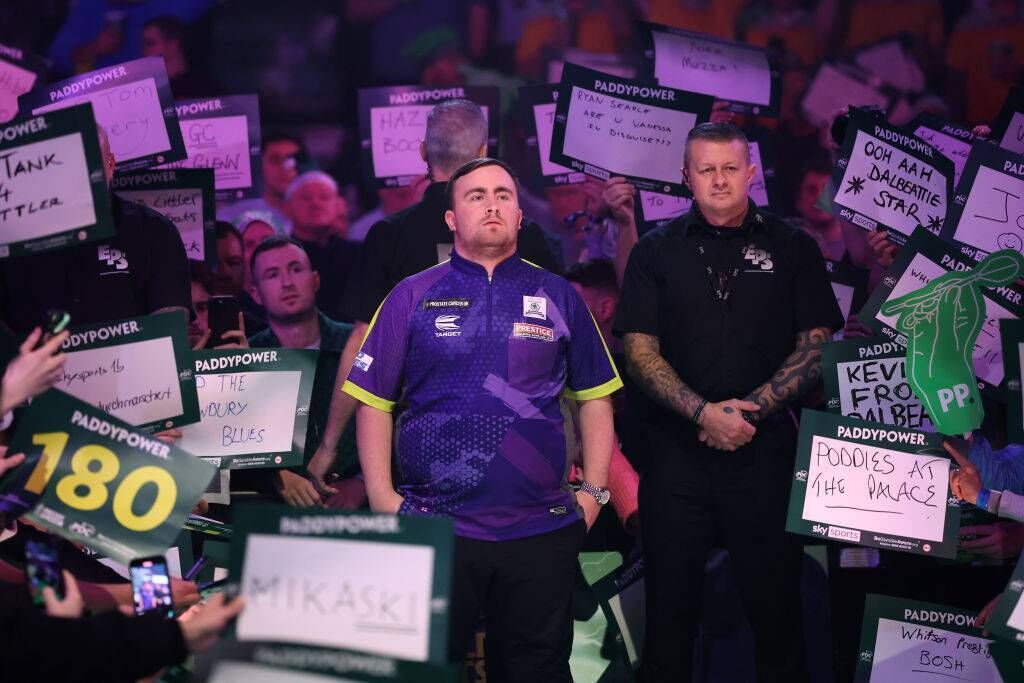 Luke Littler of England prepares to walk on prior to the World Darts Championship final against Luke Humphries at Alexandra Palace. Picture: Tom Dulat/Getty Images Luke Littler of England prepares to walk on prior to the World Darts Championship final against Luke Humphries at Alexandra Palace. Picture: Tom Dulat/Getty Images