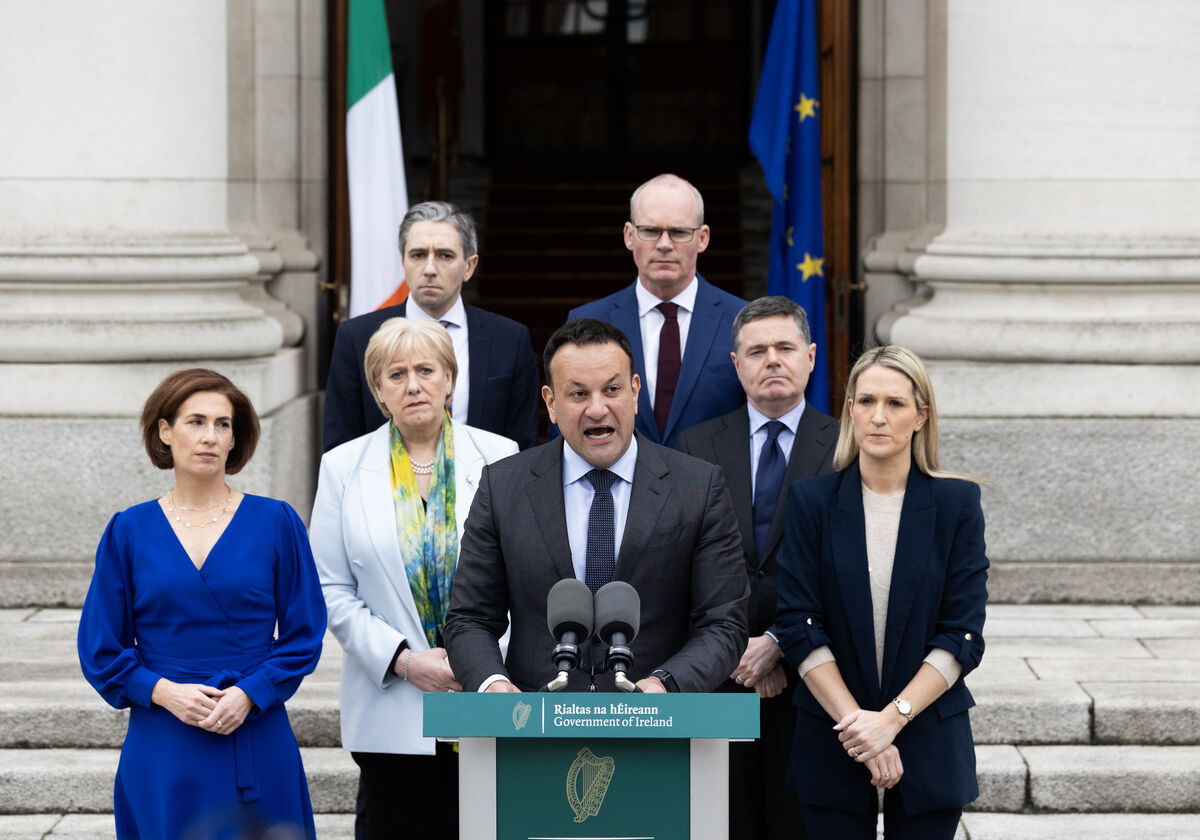 Leo Varadkar, flanked by Fine Gael colleagues, announces his departure as Taoiseach and party leader. Picture: Collins 
