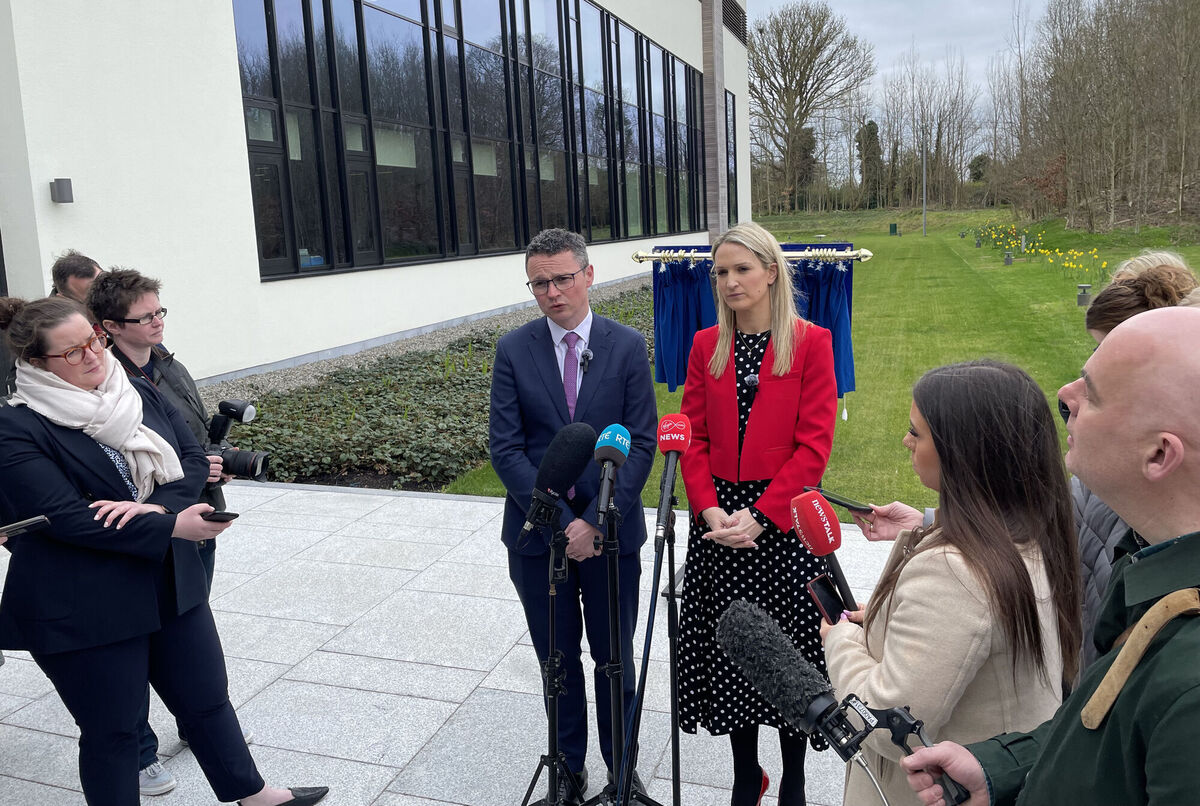 Minister of State Patrick O'Donovan and Justice Minister Helen McEntee at the Backweston Laboratory Campus in Co Kildare on Thursday. Picture: Grainne Ni Aodha/PA Wire