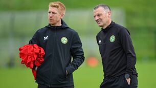 <p>Head coach Jim Crawford, right, with assistant coach Paul McShane at the FAI National Training Centre in Abbotstown. Pic: Piaras Ó Mídheach/Sportsfile </p>