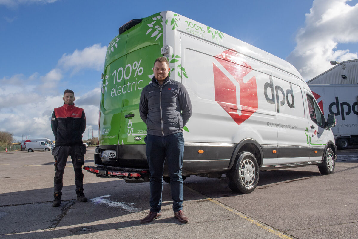  DPD fleet manager Mark McAuliffe and insurance executive Jamie Donoghue next to one of their new electric vans at their depot at Little Island in Cork in February. Mr McAuliffe says charging 32 vans with 10 charging stations is a challenge. Picture: Dan Linehan