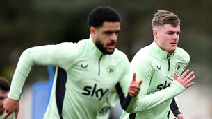 <p>FOCUS AMID CONCERN: Evan Ferguson and Andrew Omobamidele, left, during a Republic of Ireland training session. Pic: Stephen McCarthy, Sportsfile</p>