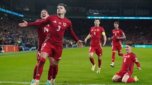 <p>PLAY OFF DATE: Neco Williams (second left) celebrates after scoring Wales’ second goal in their 4-1 Euro 2024 play-off victory over Finland. Pic: Nick Potts/PA</p>